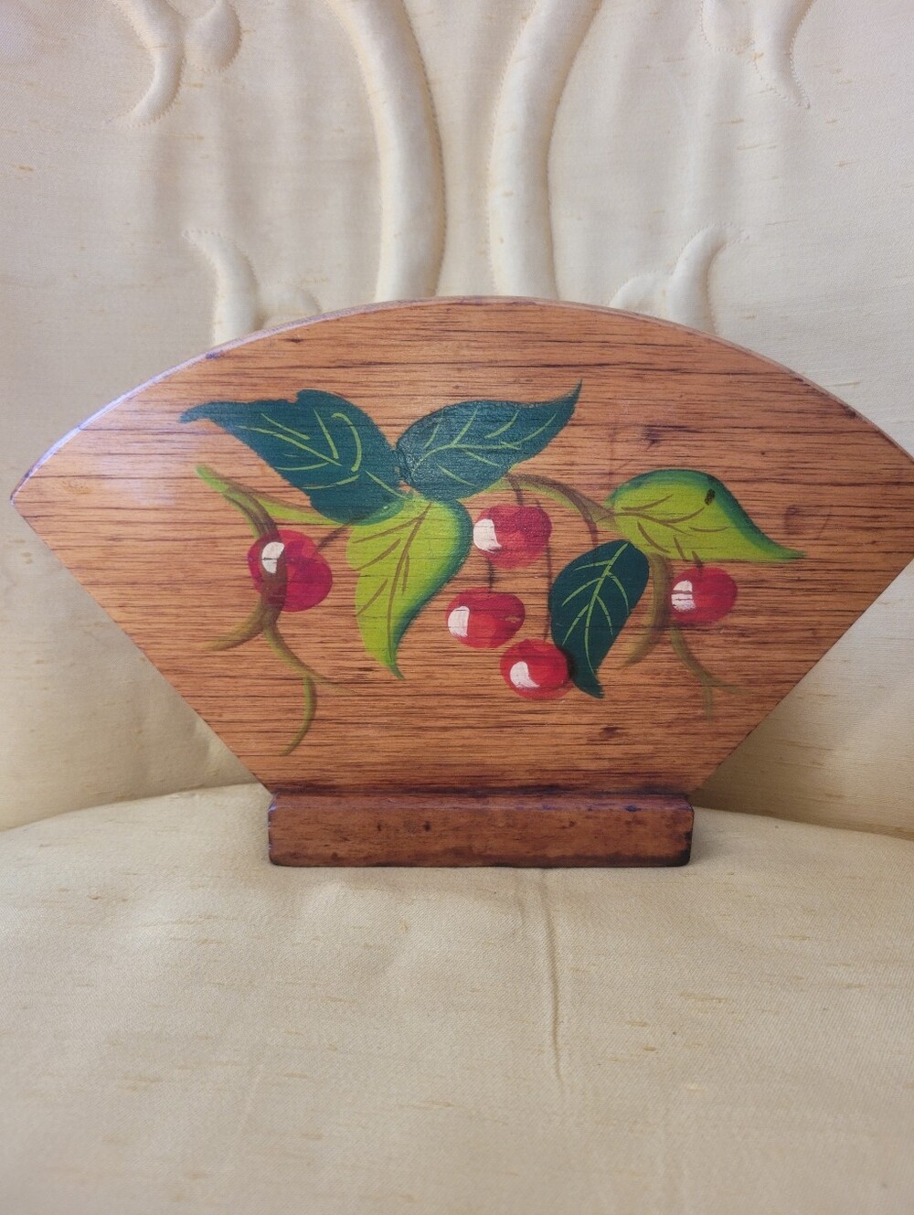 Vintage Hand-Painted Wooden Napkin Holder Folk Art Cherry Motif, Rustic Farmhous